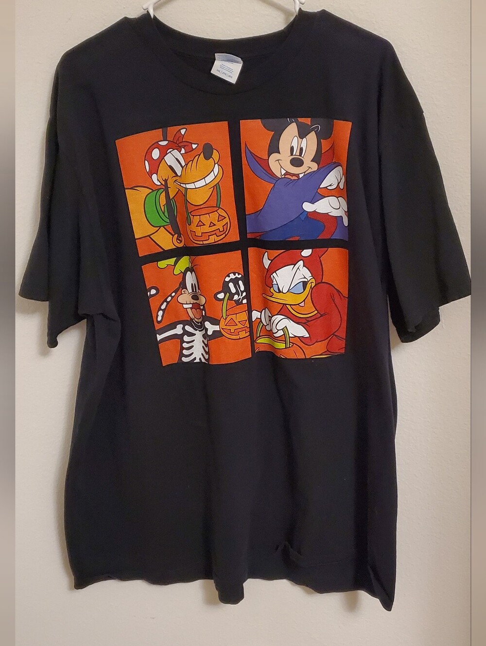 Disney Black Halloween Panel Tee with Orange & Red Cartoon Graphics
